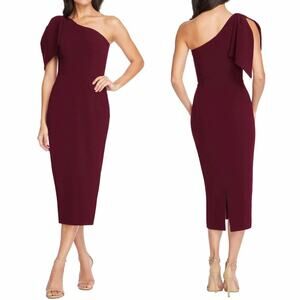 Dress the Population Tiffany‎ One Shoulder Midi Dress Burgundy Size Large NWT